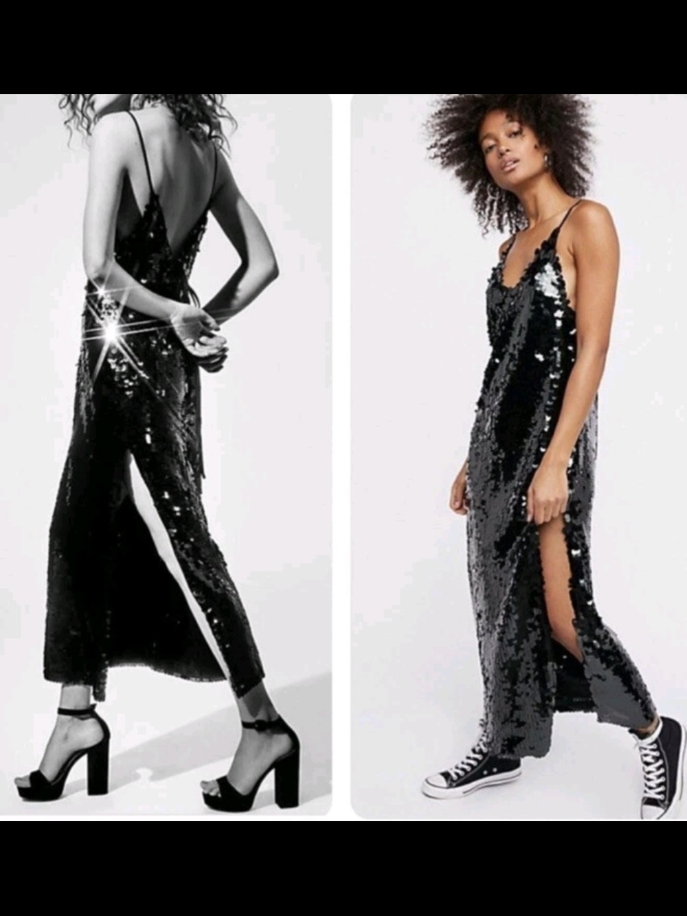 Mermaid Free People Intimately Black Sequin Maxi Slip Dress XS Petite Party Glam